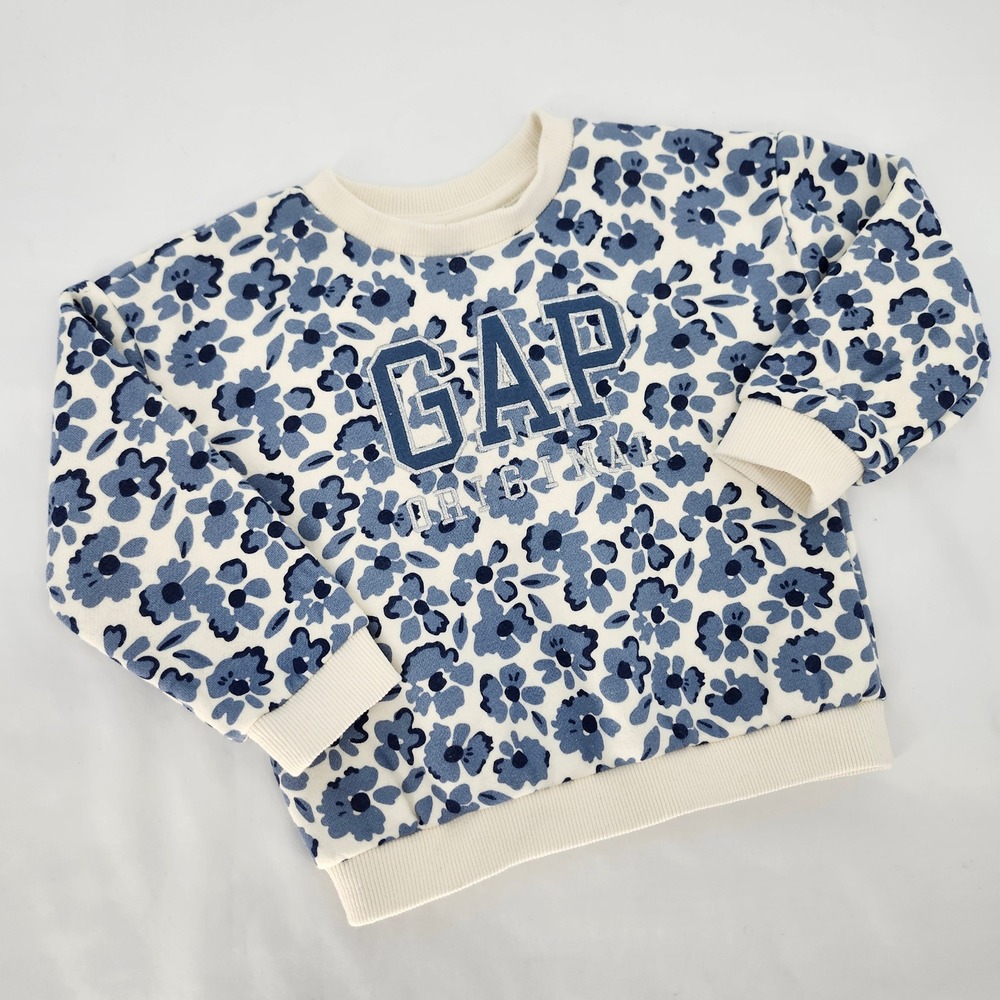 GAP Kids Blue Ivory Floral Logo Fleece Pullover Sweatshirt 2T Preppy Cottage